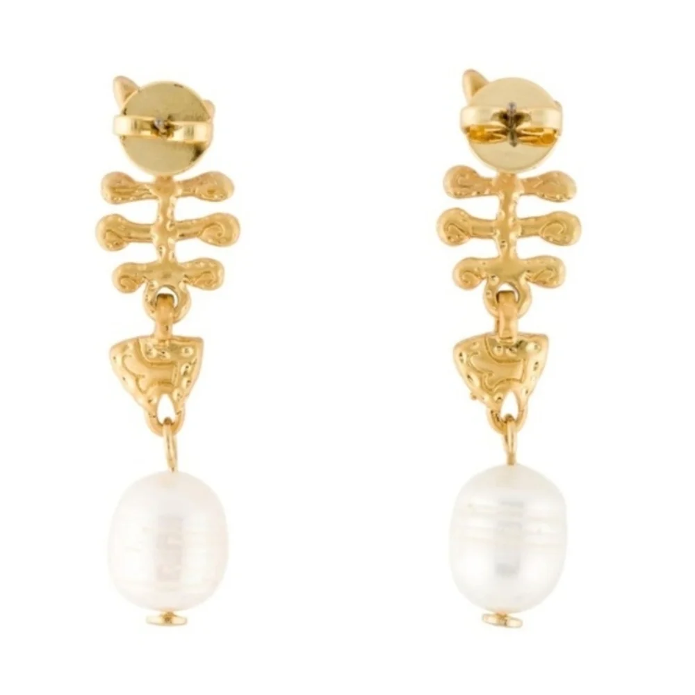 💛▪️Tory Burch ▪️Gold Fishbone Faux  Pearl Drop Earrings
